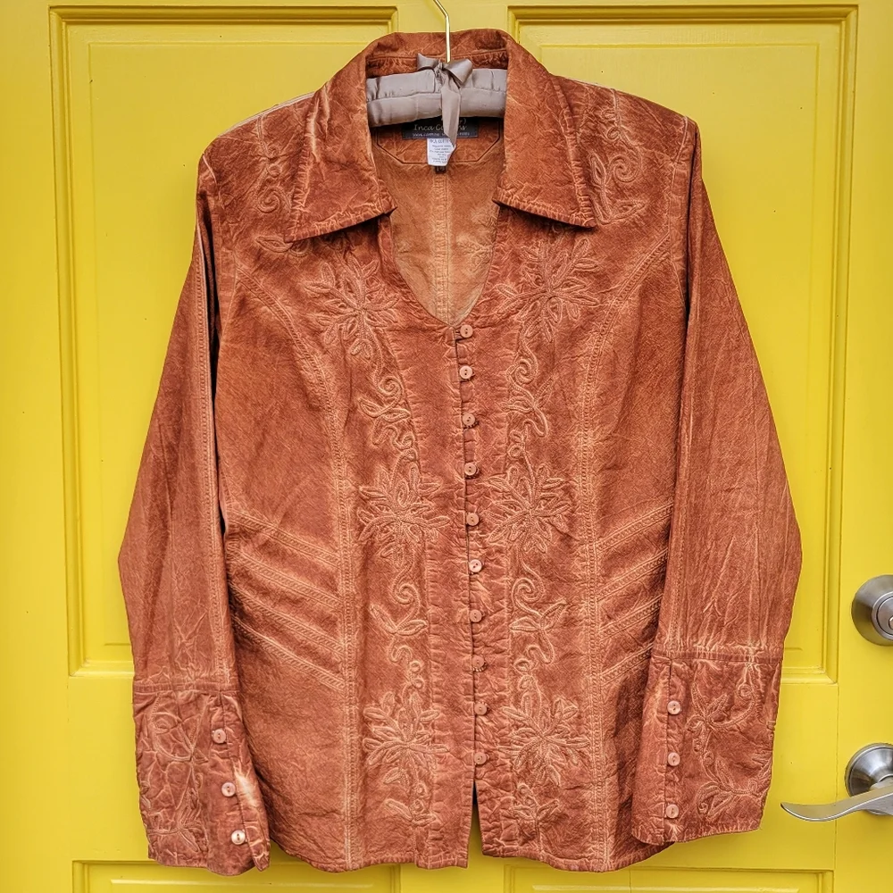 Inca Cottons Peruvian Embroidered Cotton Blouse L Boho Western Cottagecore - Picture 1 of 11